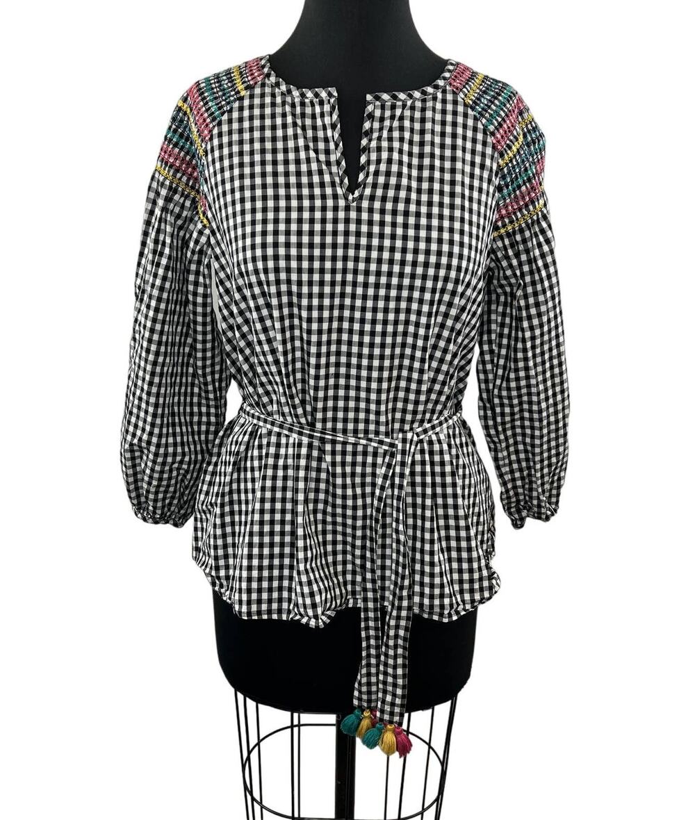 MADEWELL Smocked Gingham Top Black/White Belted Sash Tassels Oversized H8287 S